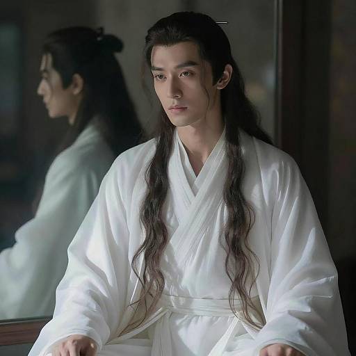Traditional East Asian Man in White Robe with Long Hair Reflecting