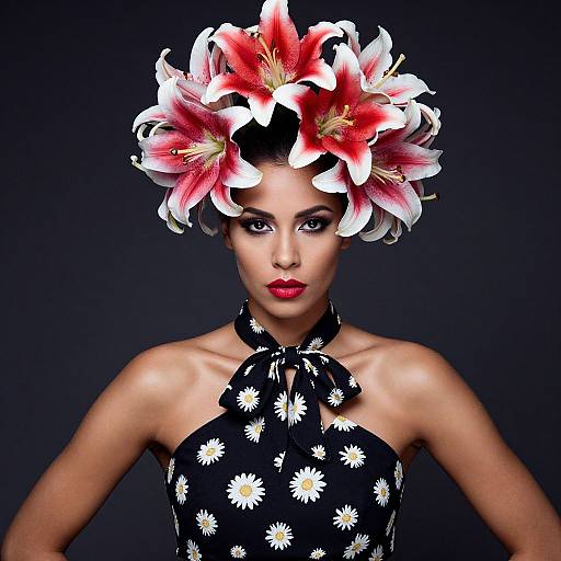 Woman Wearing Floral Crown with Lilies and Daisy Pattern Dress