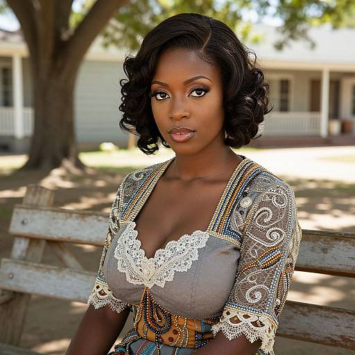 Elegant Young Woman in Beaded Embroidered Dress Sitting on Bench Outdoors