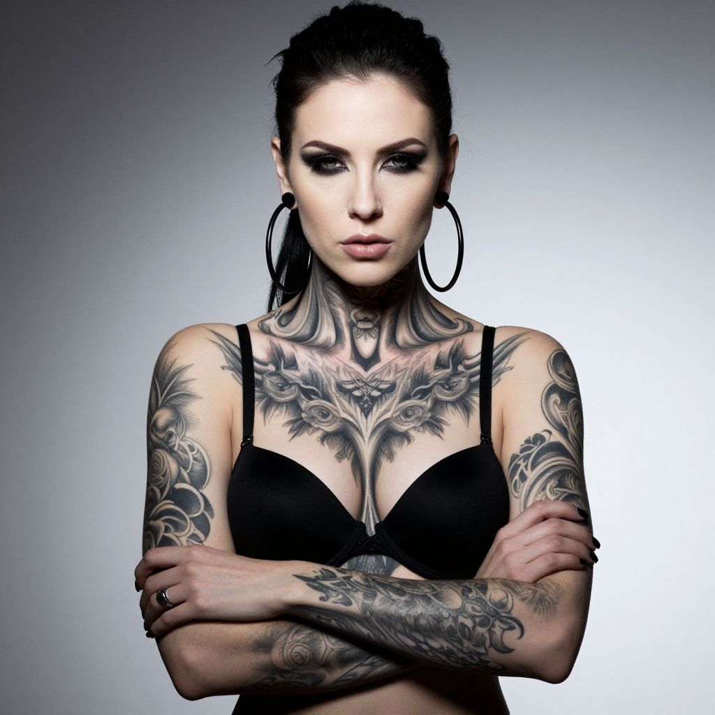 Confident Woman with Detailed Black and Grey Tattoos Wearing Black Bra