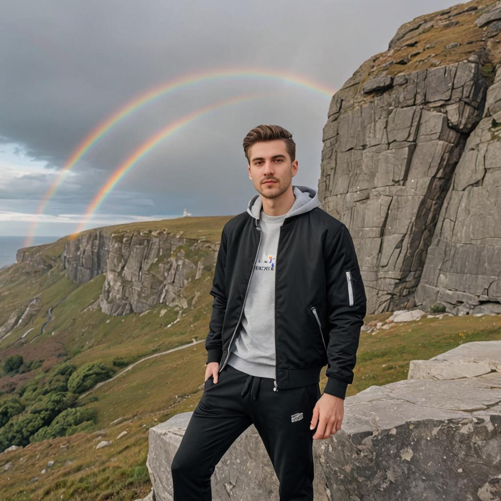 Confident man with rolling hills and double rainbow