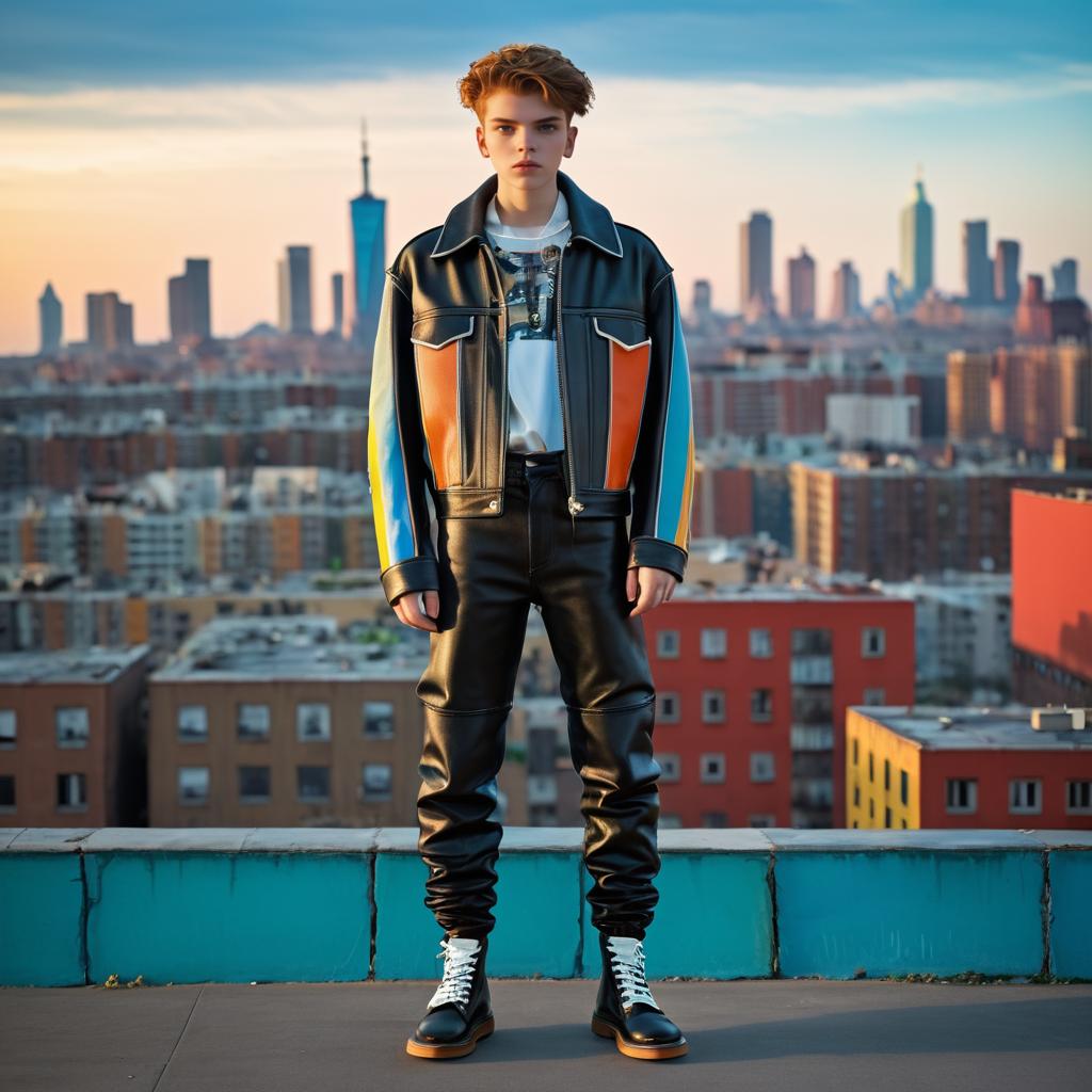 Confident Young Man in Colorful Leather Jacket Against City Skyline