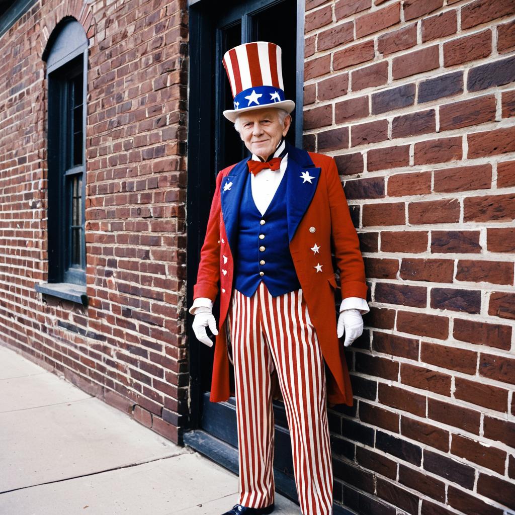 Elderly Man in Patriotic Costume Against Brick Wall