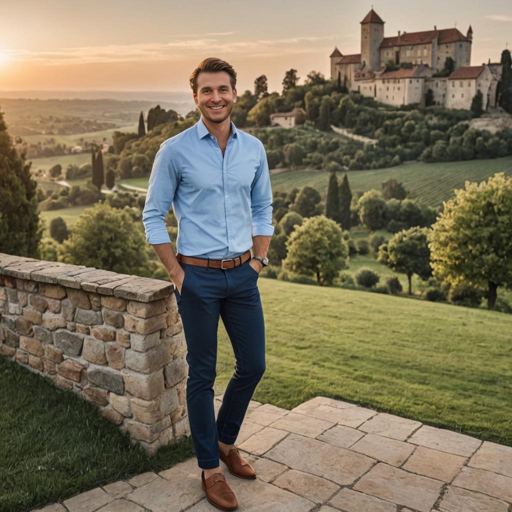 Man in Smart Casual Attire with Castle and Hills at Golden Hour