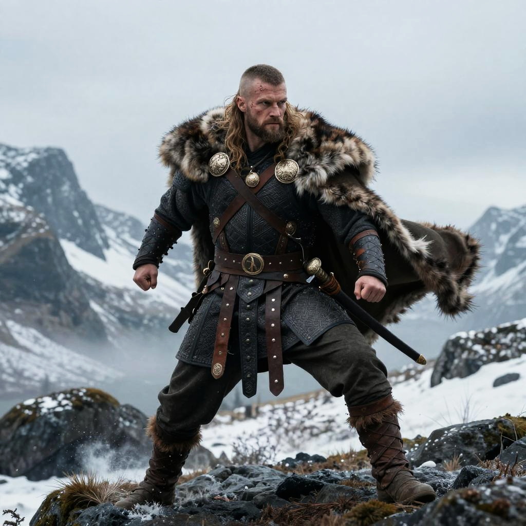 Viking Warrior in Fur Cloak on Snowy Mountain Landscape