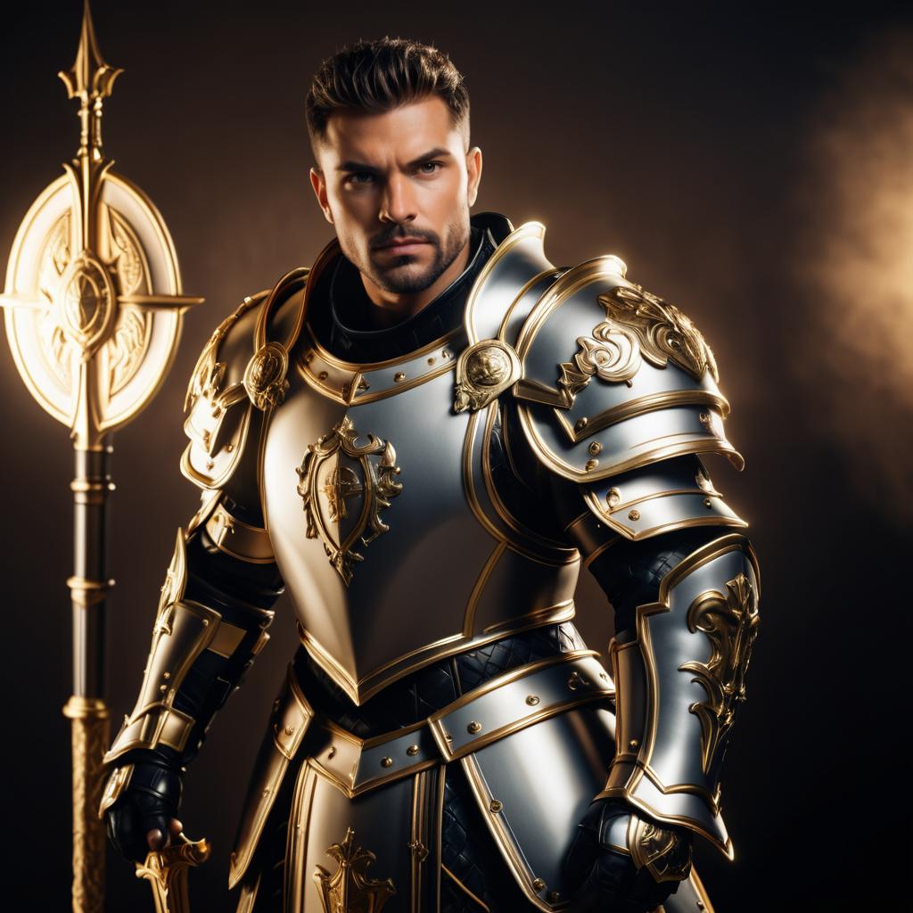 Portrait of Man in Ornate Medieval Silver and Gold Armor with Staff