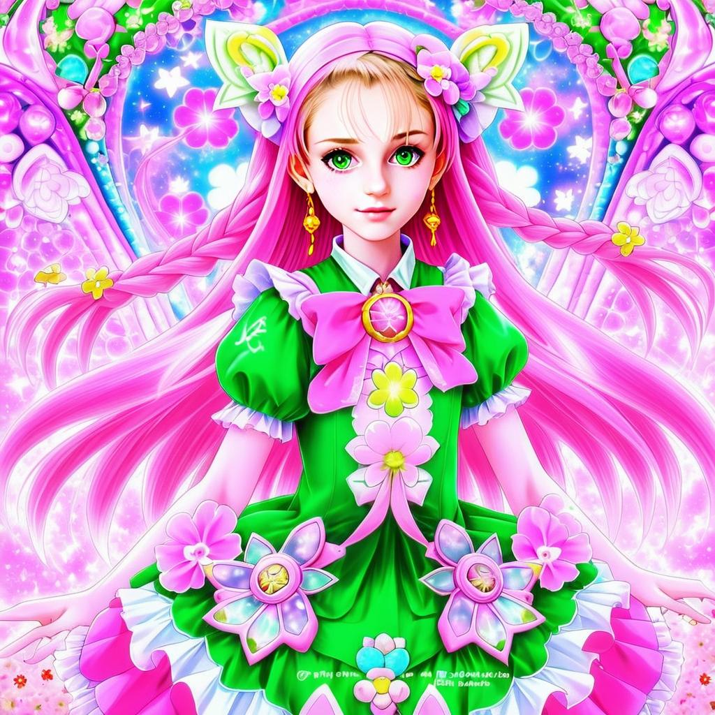 Hanami Kotoha Anime Girl in Floral Green and Pink Dress