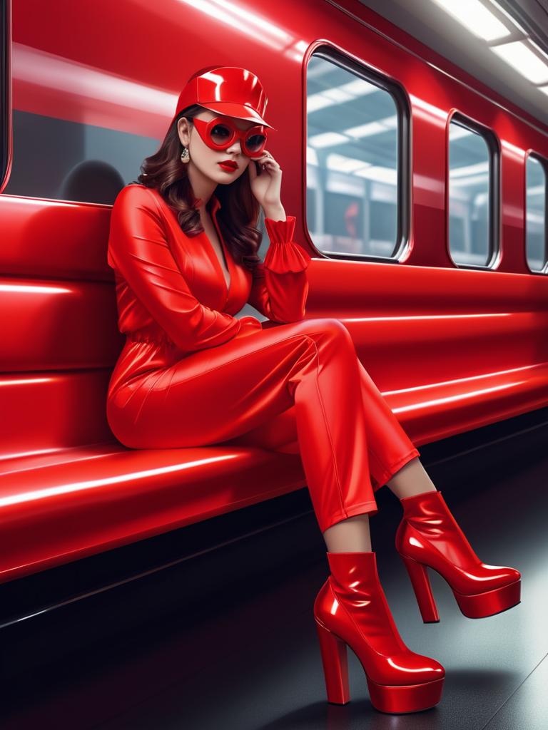 Woman in Red Jumpsuit and Mask in Subway