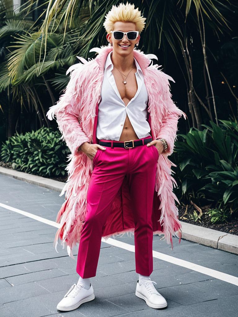 Flamboyant Man in Feathered Pink Coat and Fuchsia Pants Street Style
