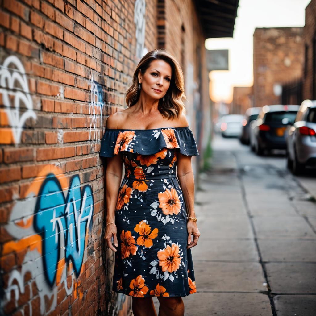 Confident Woman in Floral Dress Against Graffiti Wall