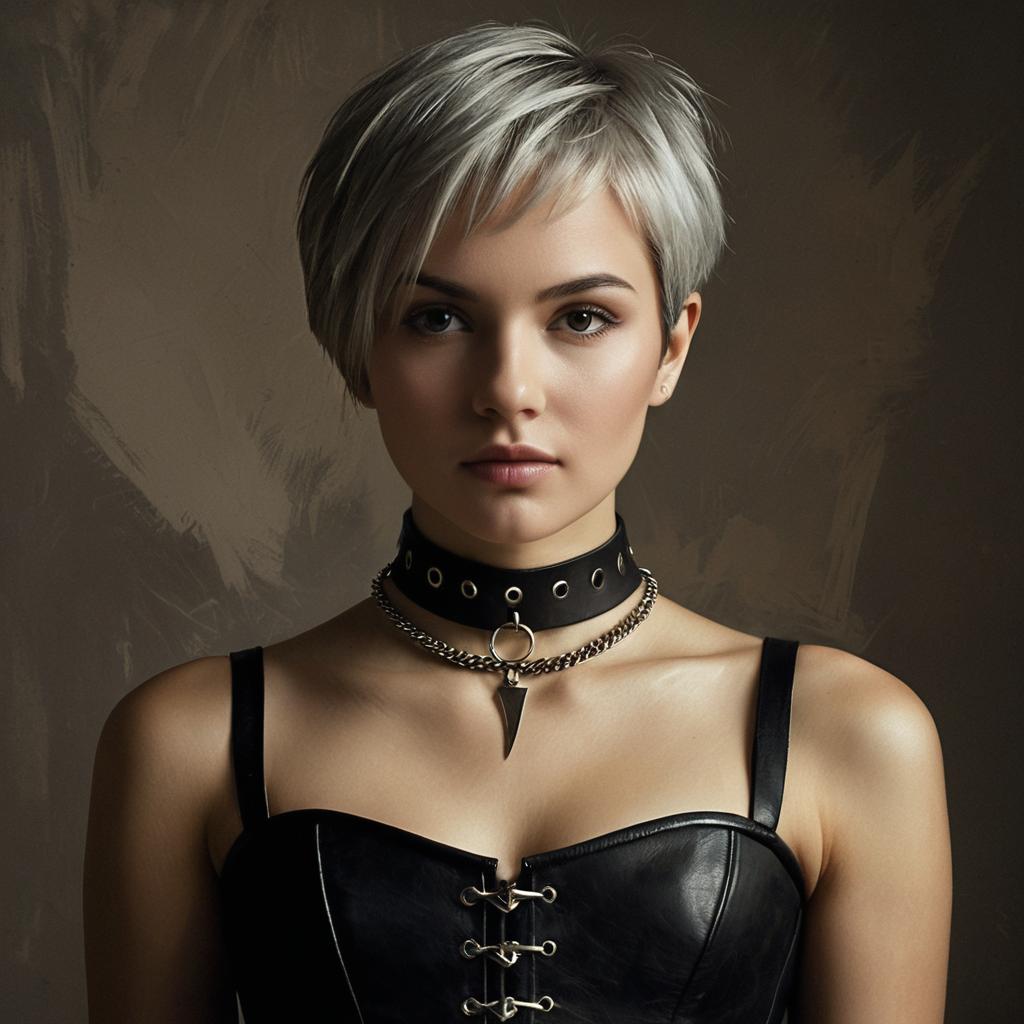 Stylish Woman in Black Leather Corset and Choker with Platinum Blonde Hair