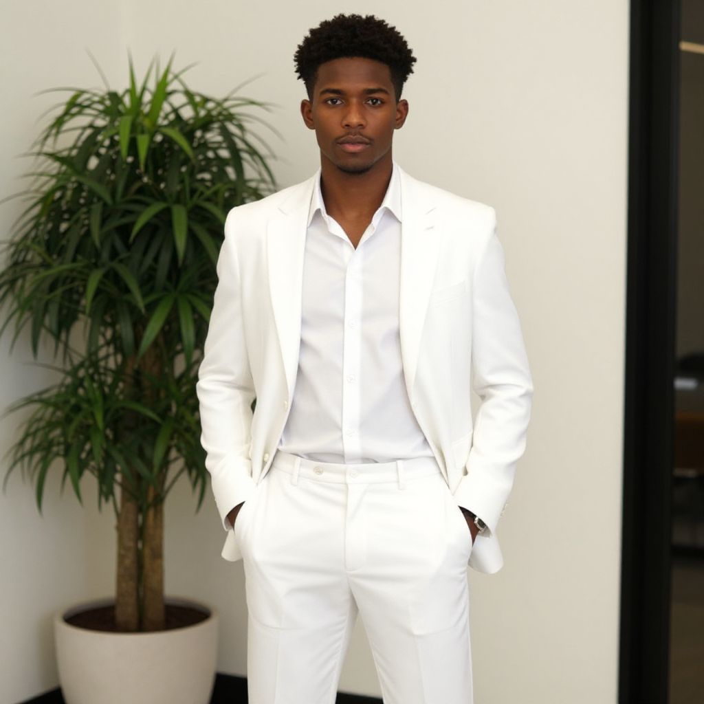 Stylish Young Man in White Suit Standing Indoors