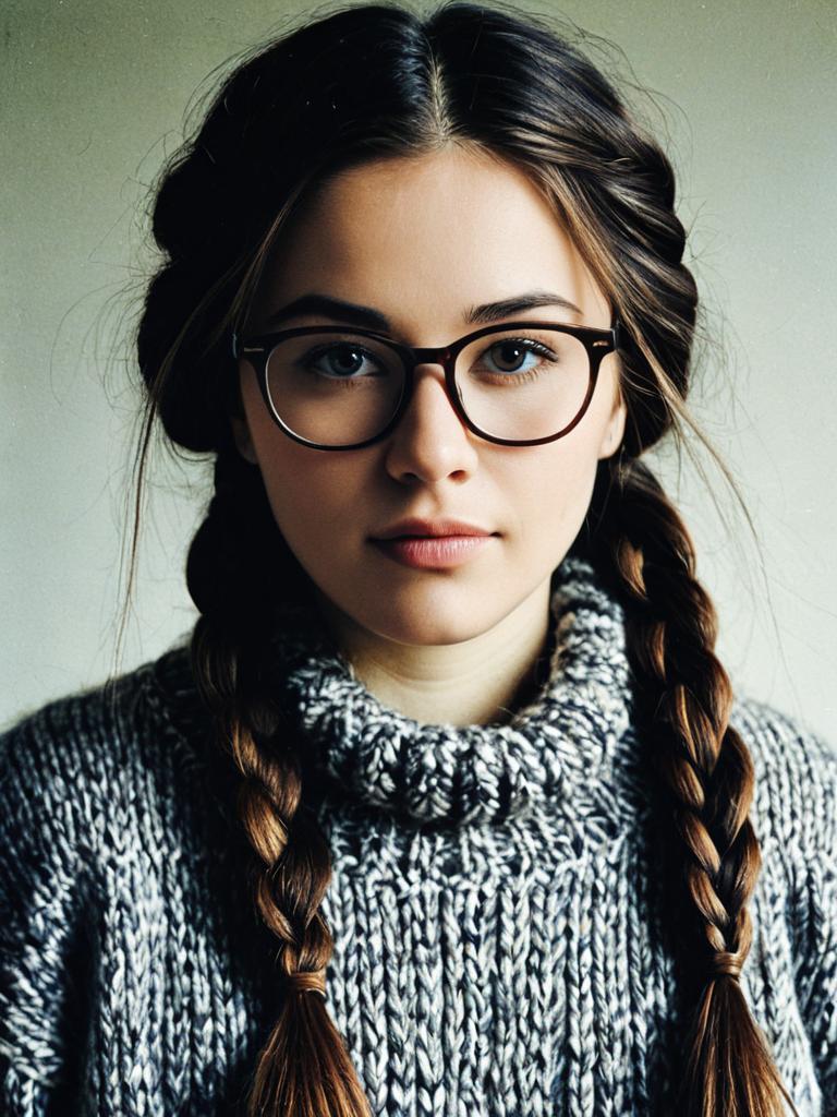 Young Woman with Braided Hair and Glasses in Cozy Sweater Portrait