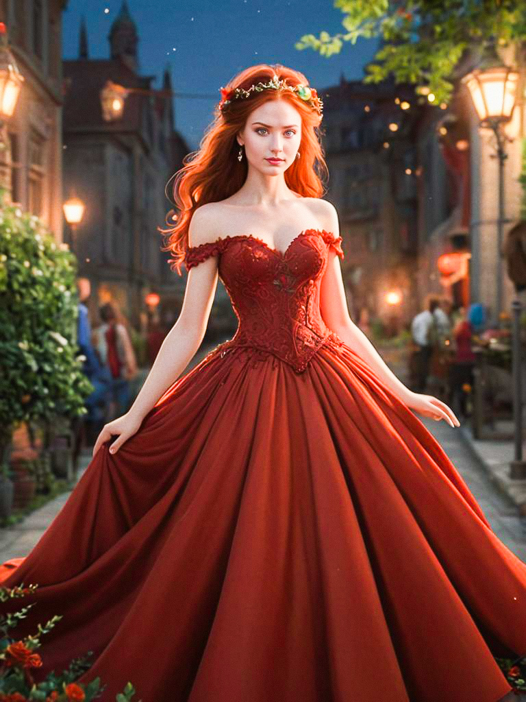 Young Woman in Red Gown on Cobblestone Street at Dusk Young Woman in Red Gown on Cobblestone Street at Dusk