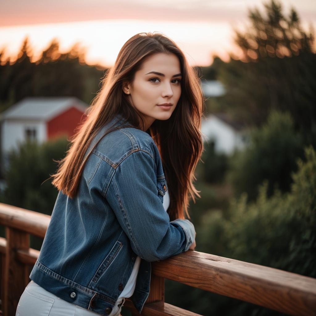 Young Woman in Denim Jacket Leaning on Wooden Railing at Sunset