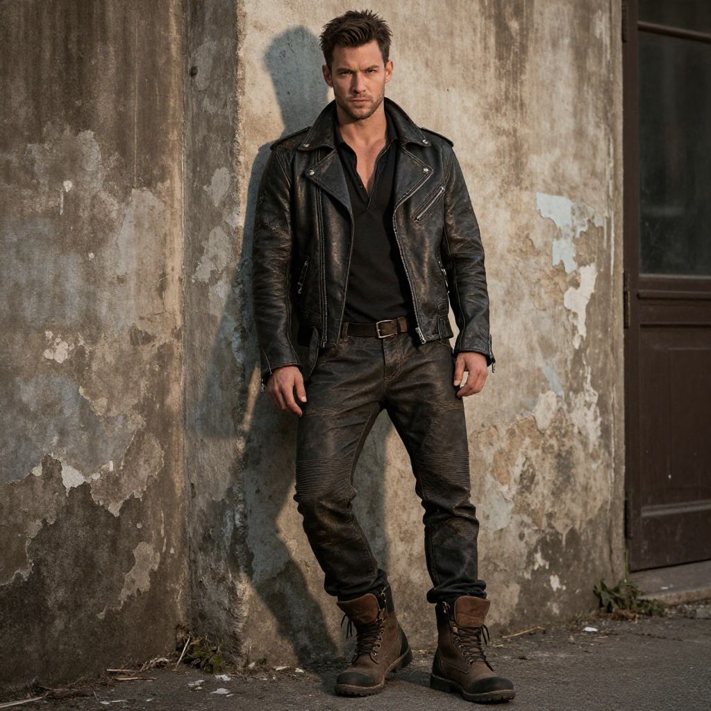 Rugged Man in Black Leather Jacket and Boots Against Urban Wall