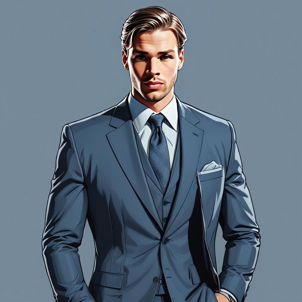 Stylish Man in Blue Suit Digital Illustration Portrait