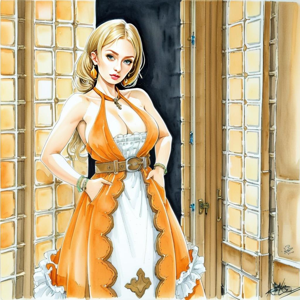 Confident Woman in Stylish Orange and White Dress