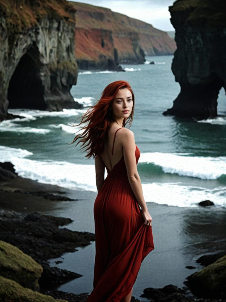 Red-haired Woman on Rocky Beach with Cliffs and Ocean