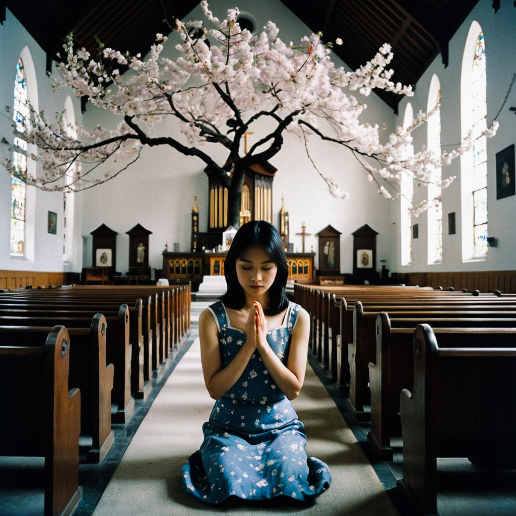 Asian Woman Praying in Church with Cherry Blossom Tree