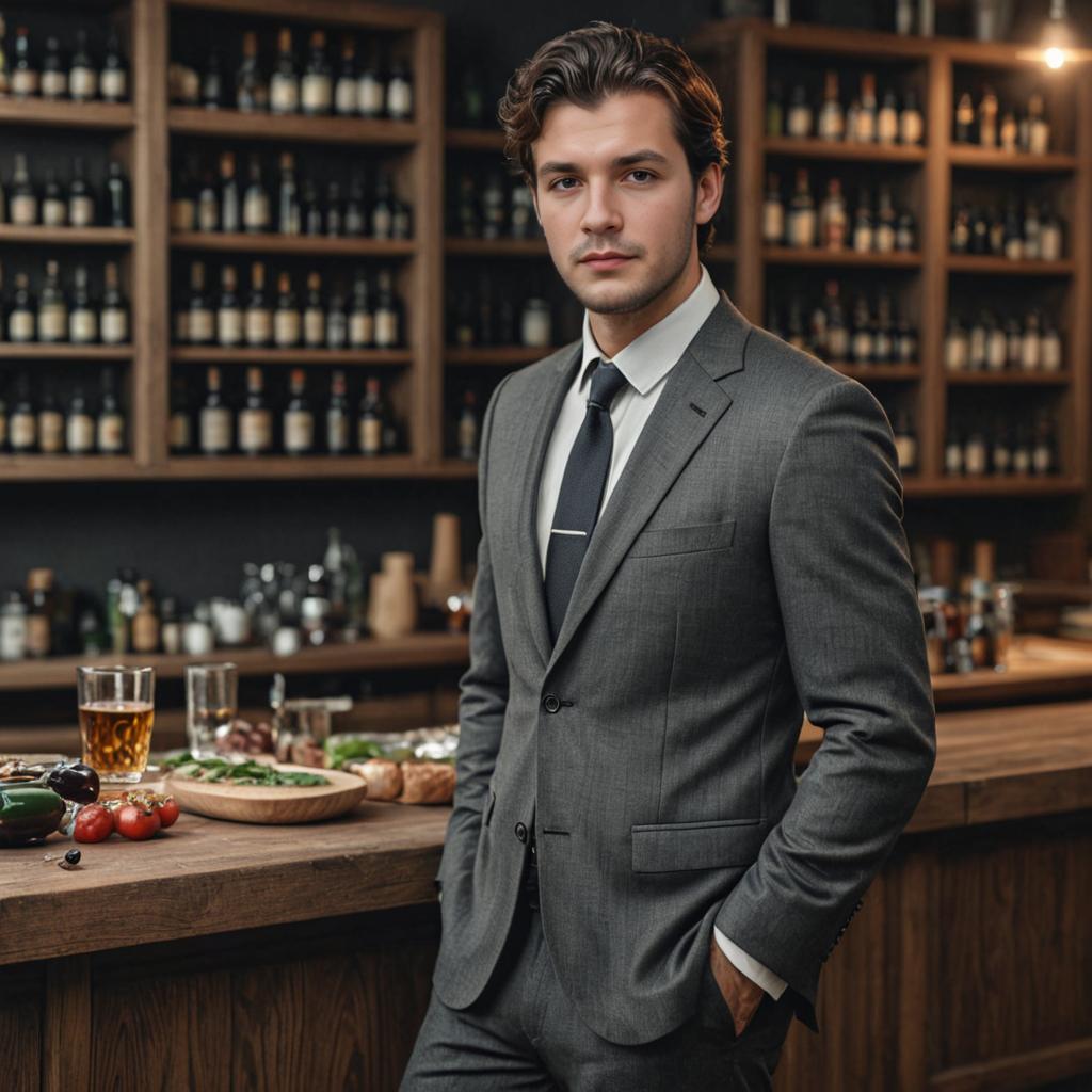 Man in Grey Suit at Elegant Bar with Whiskey