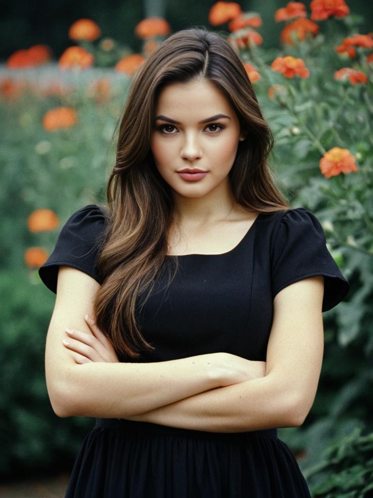 Confident Young Woman in Classic Belk Black Dress with Long Brown Hair in Garden