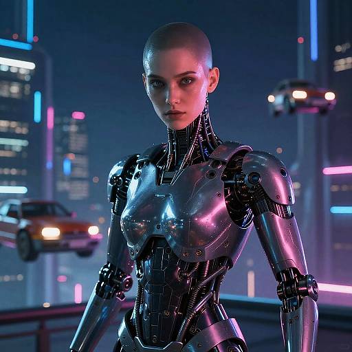 Cyberpunk Robot Woman with Neon City Background