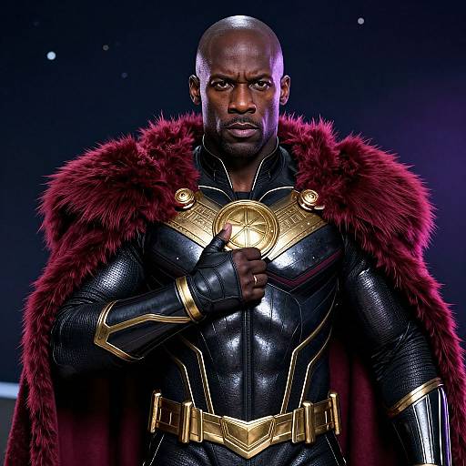 Heroic Man in Futuristic Armor with Red Fur Cape