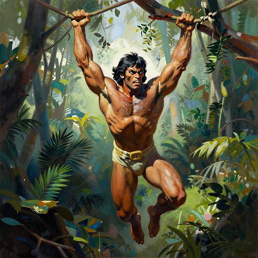 Muscular Man Swinging Through Jungle in Classic Adventure Style