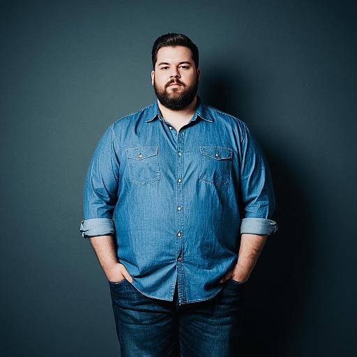 Plus Size Big and Tall Man in Casual Blue Denim Shirt and Jeans