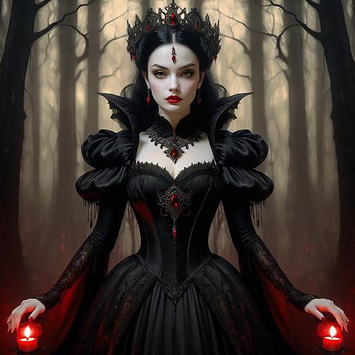 Gothic Queen Woman in Black Dress with Red Jewels in Dark Forest