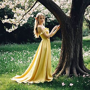 Blonde Elf Woman in Yellow Gown by Tree