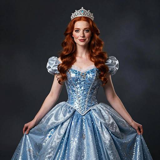 Red-Haired Woman in Sparkling Blue Princess Dress with Tiara