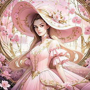 Elegant Woman in Pink Dress Among Cherry Blossoms