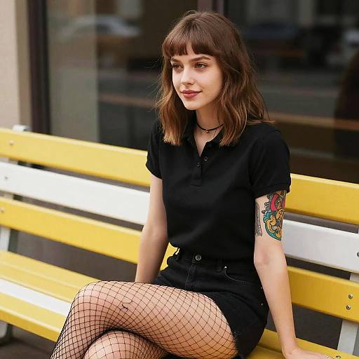 Young Woman Sitting on Yellow Bench Wearing Black Polo and Fishnet Stockings