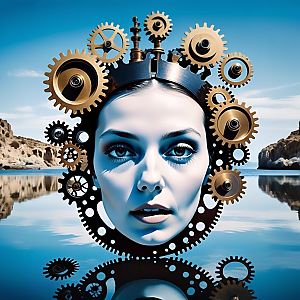 Surreal Woman Portrait with Golden Gears in Serene Waterscape