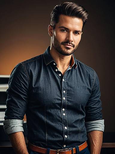 Man in Casual Office Outfit Wearing Denim Shirt Waist Up Photorealistic Portrait
