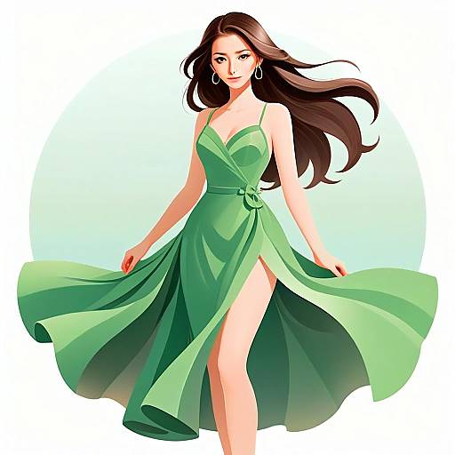 Elegant Woman in Flowing Green Dress Digital Illustration