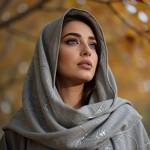 Portrait of Woman in Silver Embroidered Shawl with Autumn Background