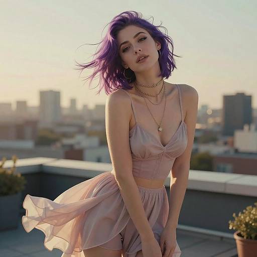 Gen Z Woman with Purple Hair in Pastel Dress on Rooftop at Sunset