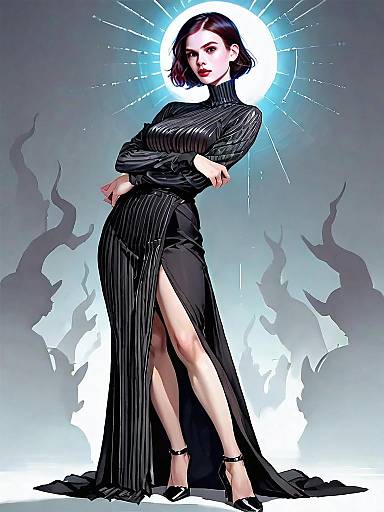 Stylish Woman in Elegant Black Evening Dress Full Body Comic Style Illustration