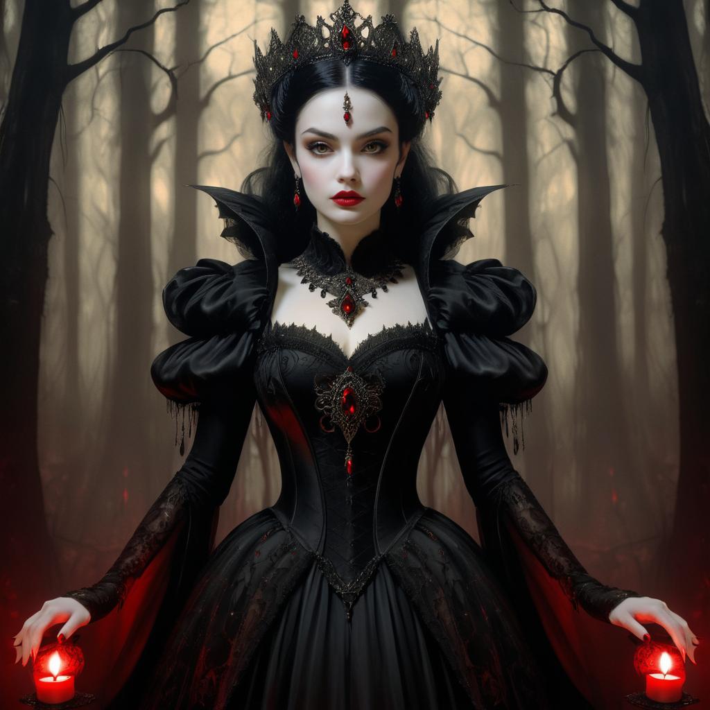 Gothic Queen Woman in Black Dress with Red Jewels in Dark Forest