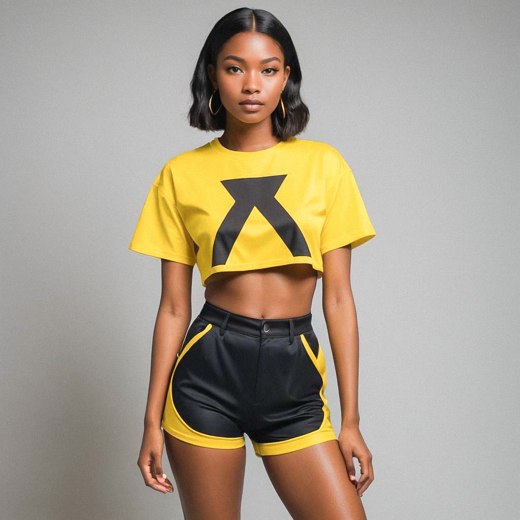 Stylish Woman in Yellow Crop Top and Black Shorts Stylish Woman in Yellow Crop Top and Black Shorts
