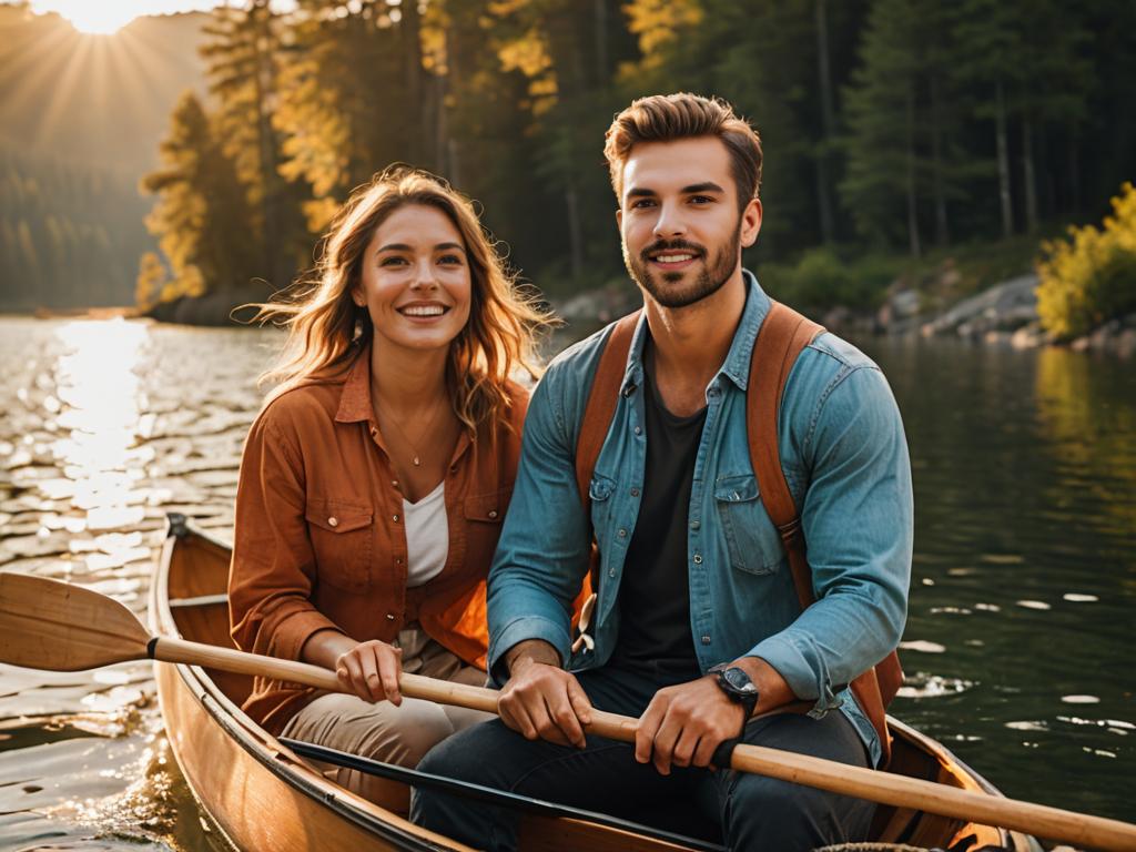 Smiling Couple Canoeing at Sunset