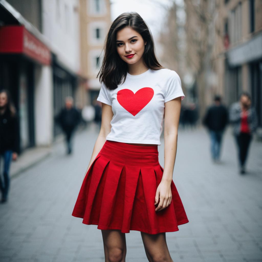 Young Woman Wearing Heart Print T-Shirt and Red Skirt in Urban Street Young Woman Wearing Heart Print T-Shirt and Red Skirt in Urban Street