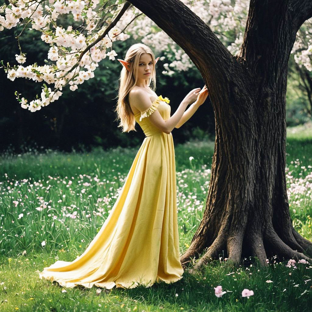 Blonde Elf Woman in Yellow Gown by Tree