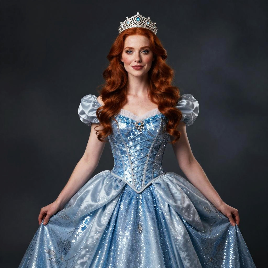 Red-Haired Woman in Sparkling Blue Princess Dress with Tiara