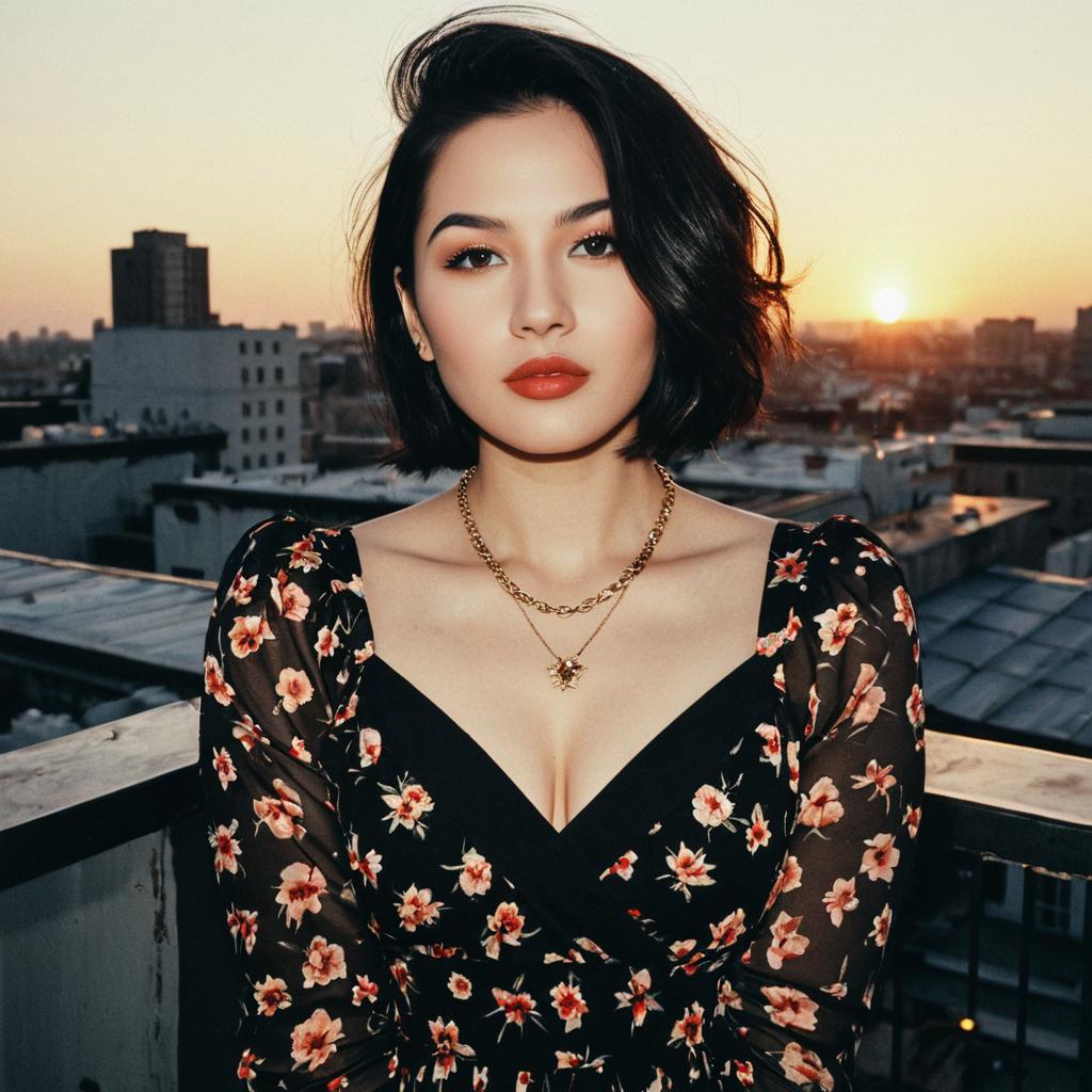 Young Woman in Floral Dress on Rooftop at Sunset