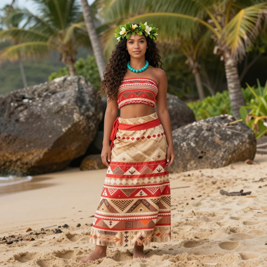 Polynesian Woman in Traditional Tribal Dress on Tropical Beach
