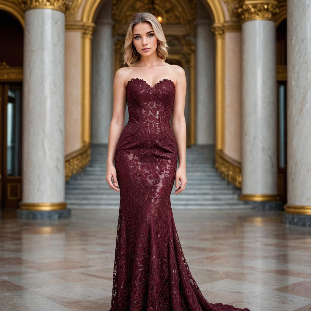 Elegant Woman in Burgundy Lace Mermaid Gown